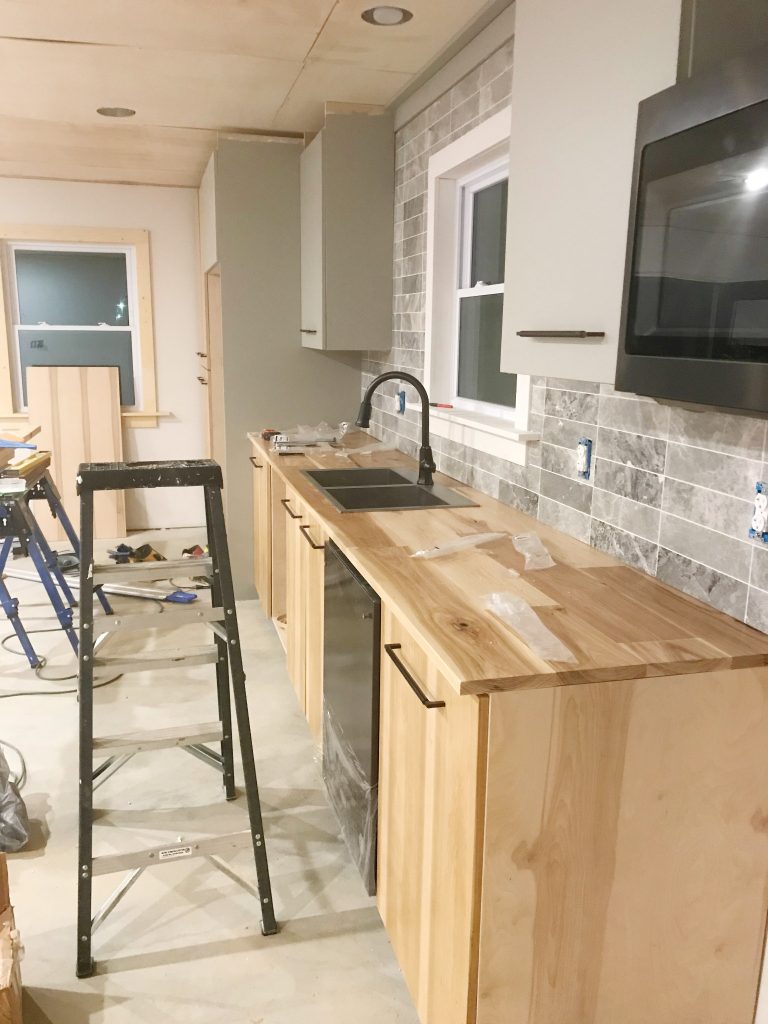 countertop installed on top of DIY kitchen cabinets