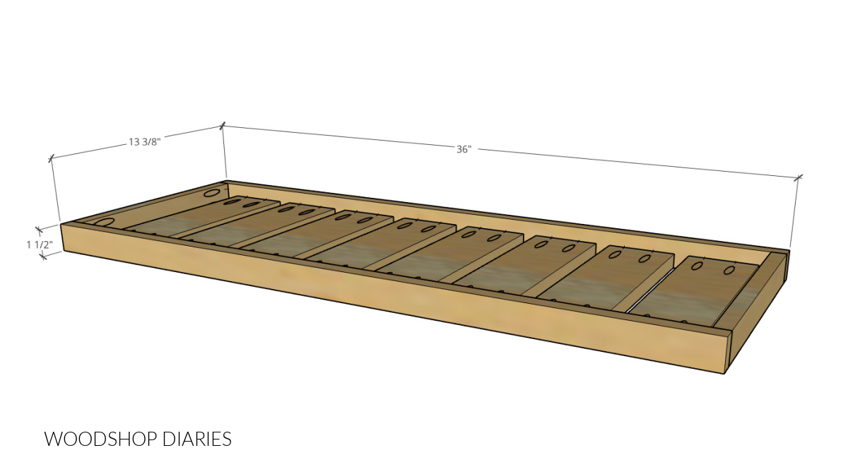 Overall dimensional diagram of boot tray showing 1 ½" tall x 13 ⅜" deep by 36" wide