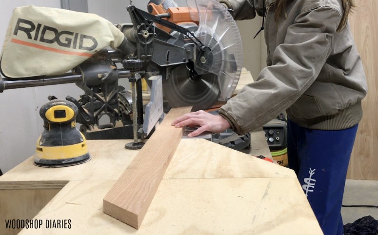 Shara Woodshop Diaries cutting miters on ends of 1x3s in miter saw