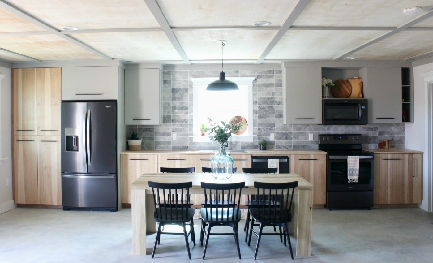 Kitchen with plywood ceilings and DIY cabinets