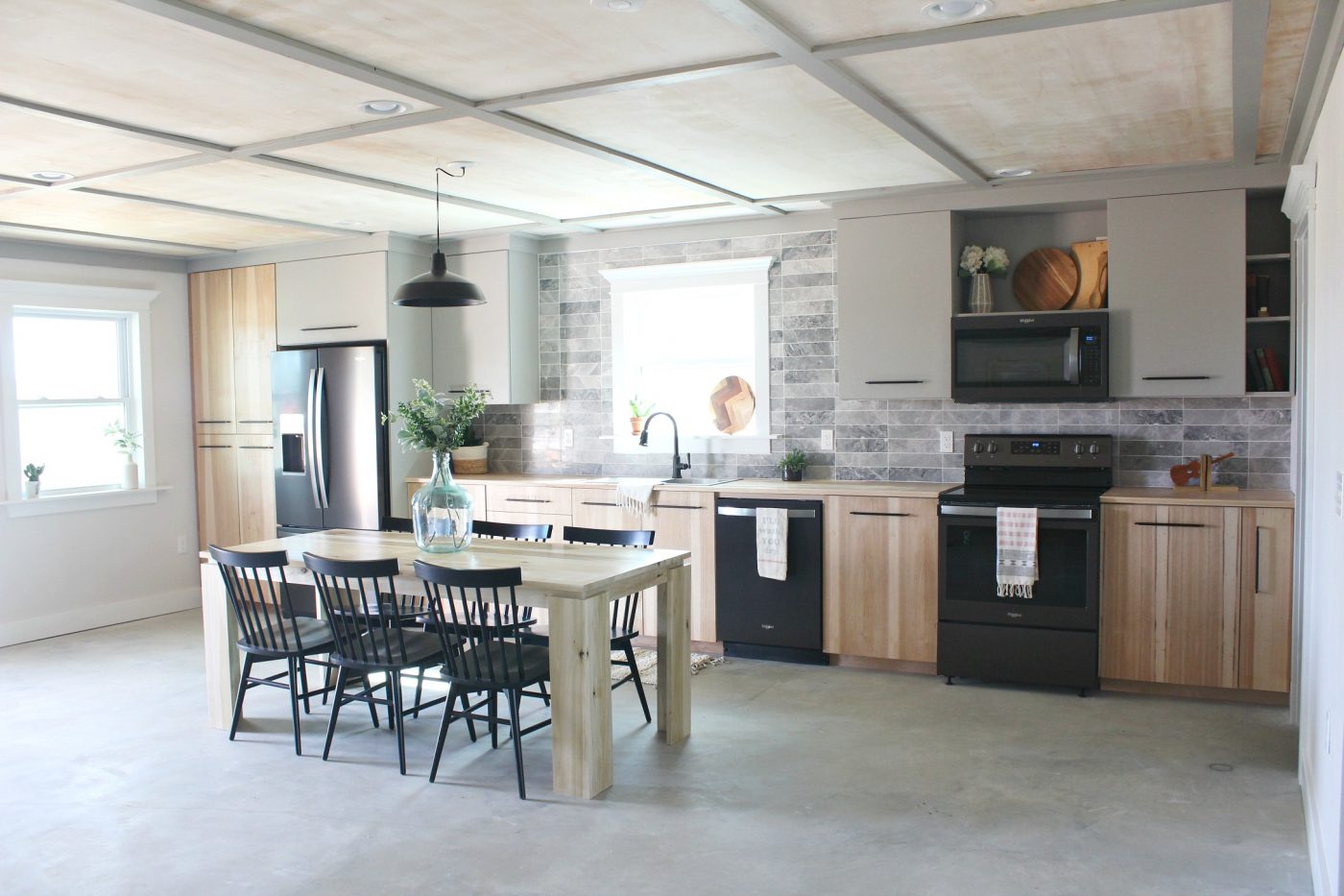 Shara Woodshop Diaries Jeffrey Court final reveal of finished kitchen space with plywood ceiling