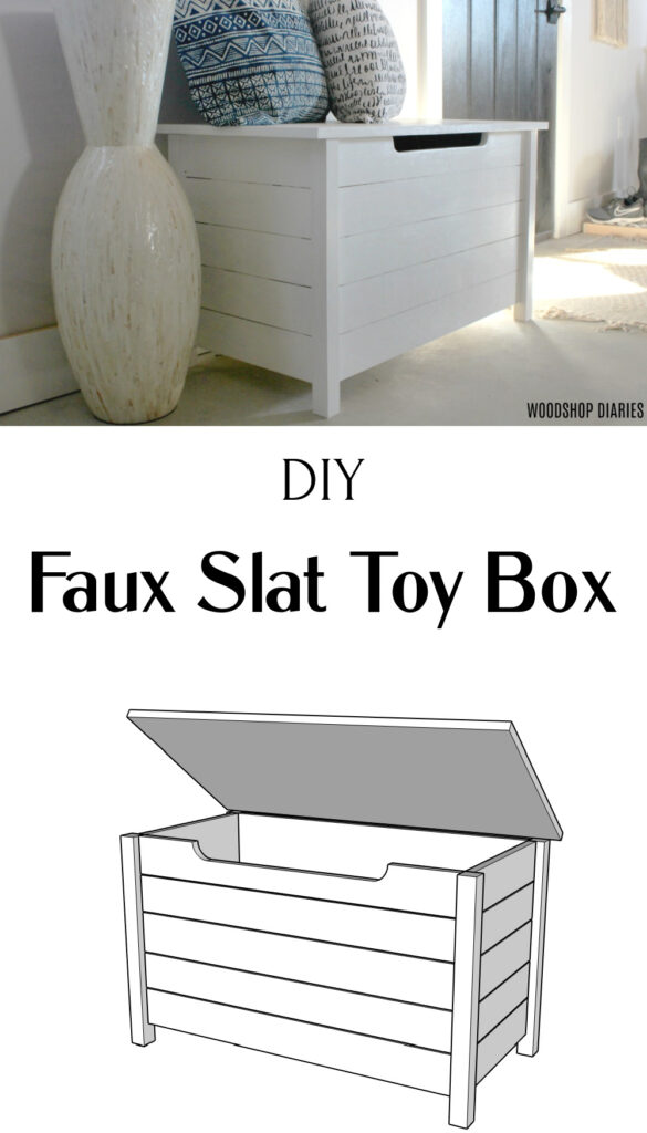 Pinterest collage of faux slatted toy box--finished at top and 3d sketch on bottom
