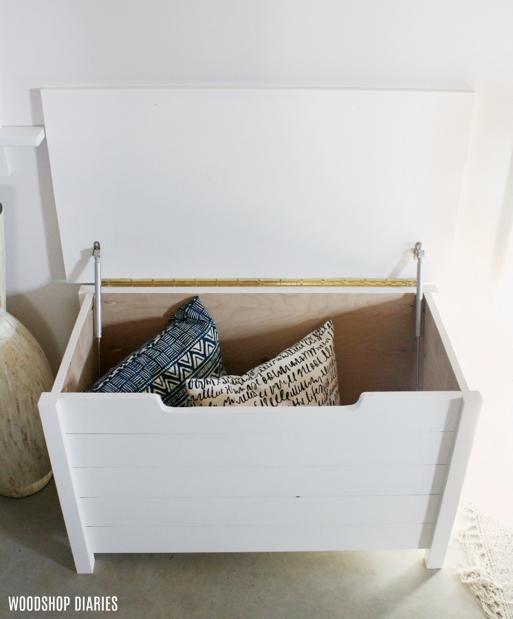 Soft close hinges mounted onto DIY toy box lid