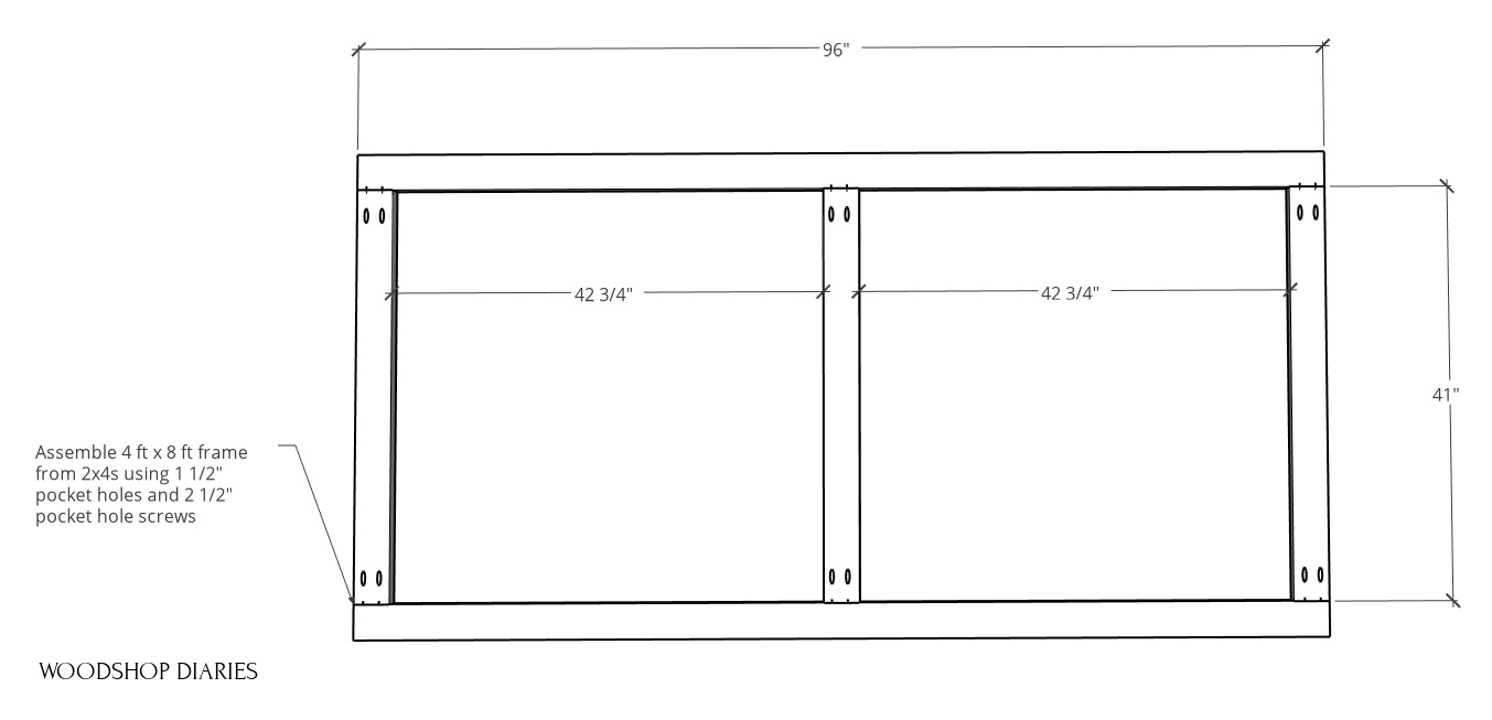 2x4 frame diagram assembled with pocket holes and screws