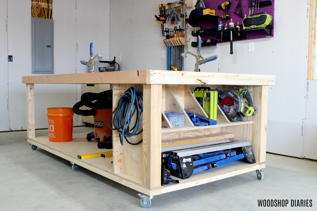 Workbench with shelving on the end in garage workshop