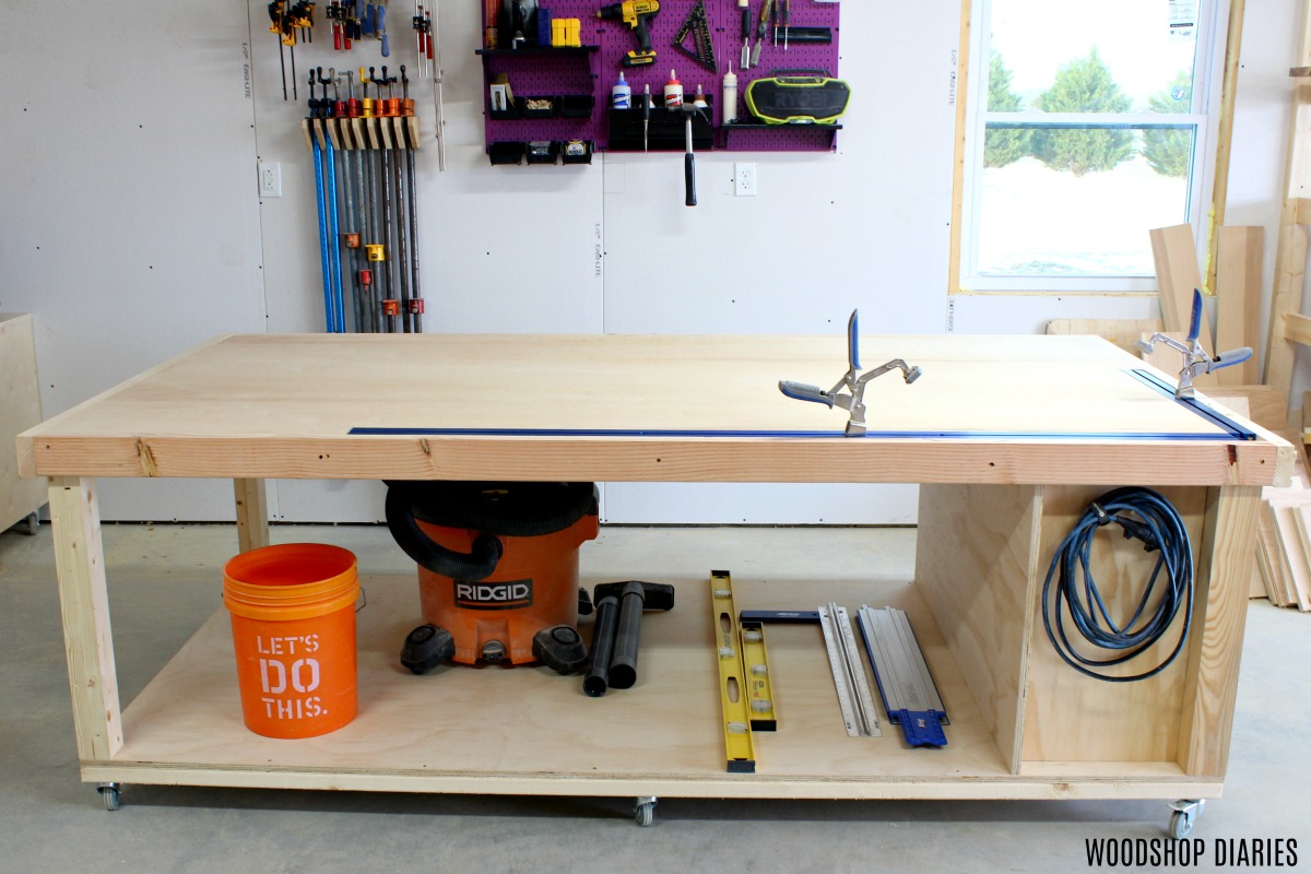 DIY Mobile workbench with storage underneath for vacuum and buckets