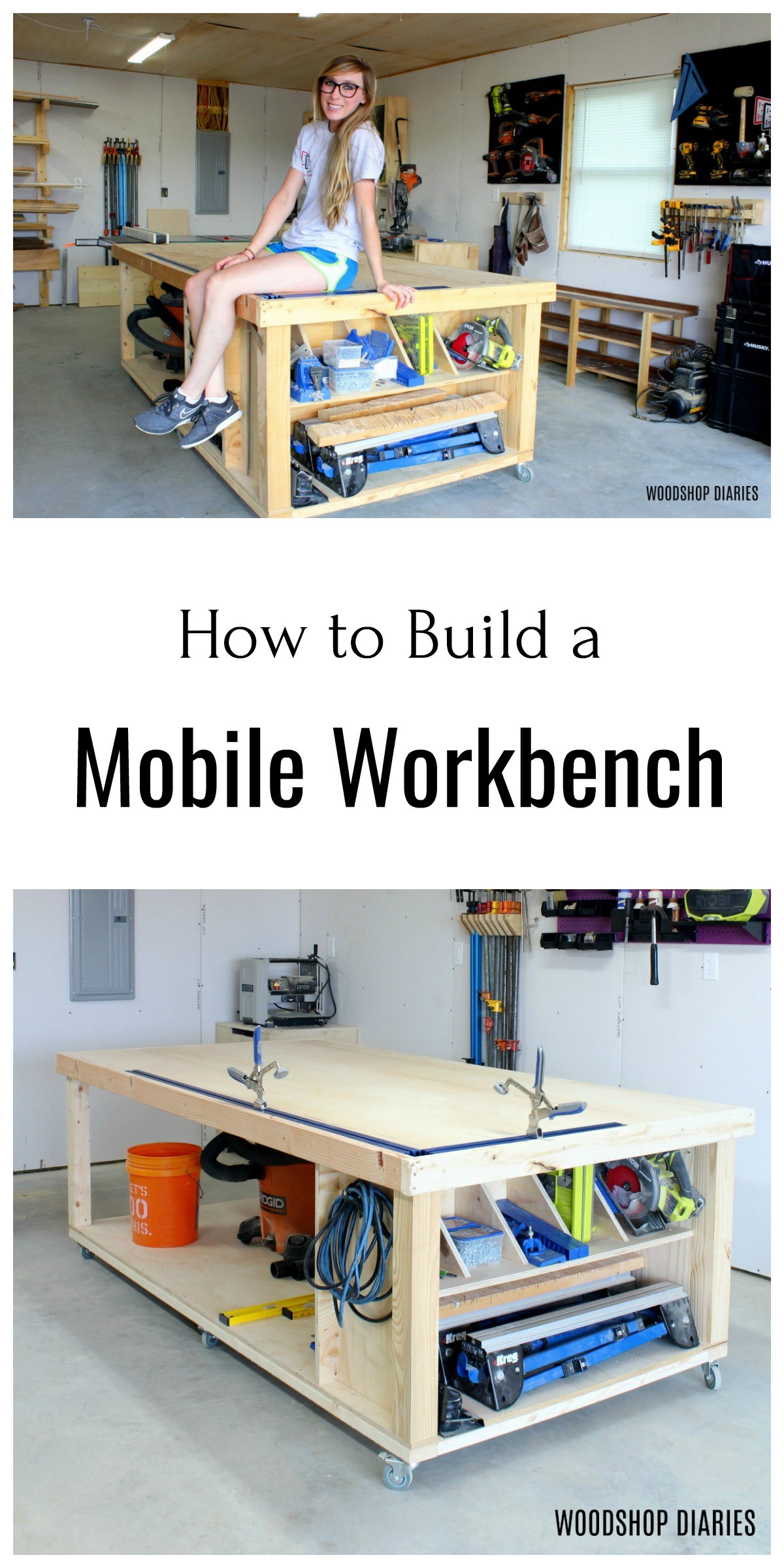 Pinterest collage of DIY mobile workbench--Shara Woodshop Diaries with workbench on top and workbench with clamp tracks on bottom