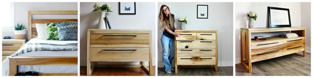Matching modern bedroom set collage with bed, nightstands, and two dresser styles