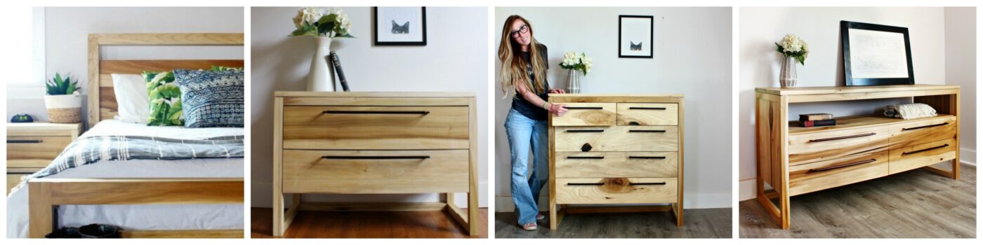 Collage image showing matching bed, two dressers, and nightstand