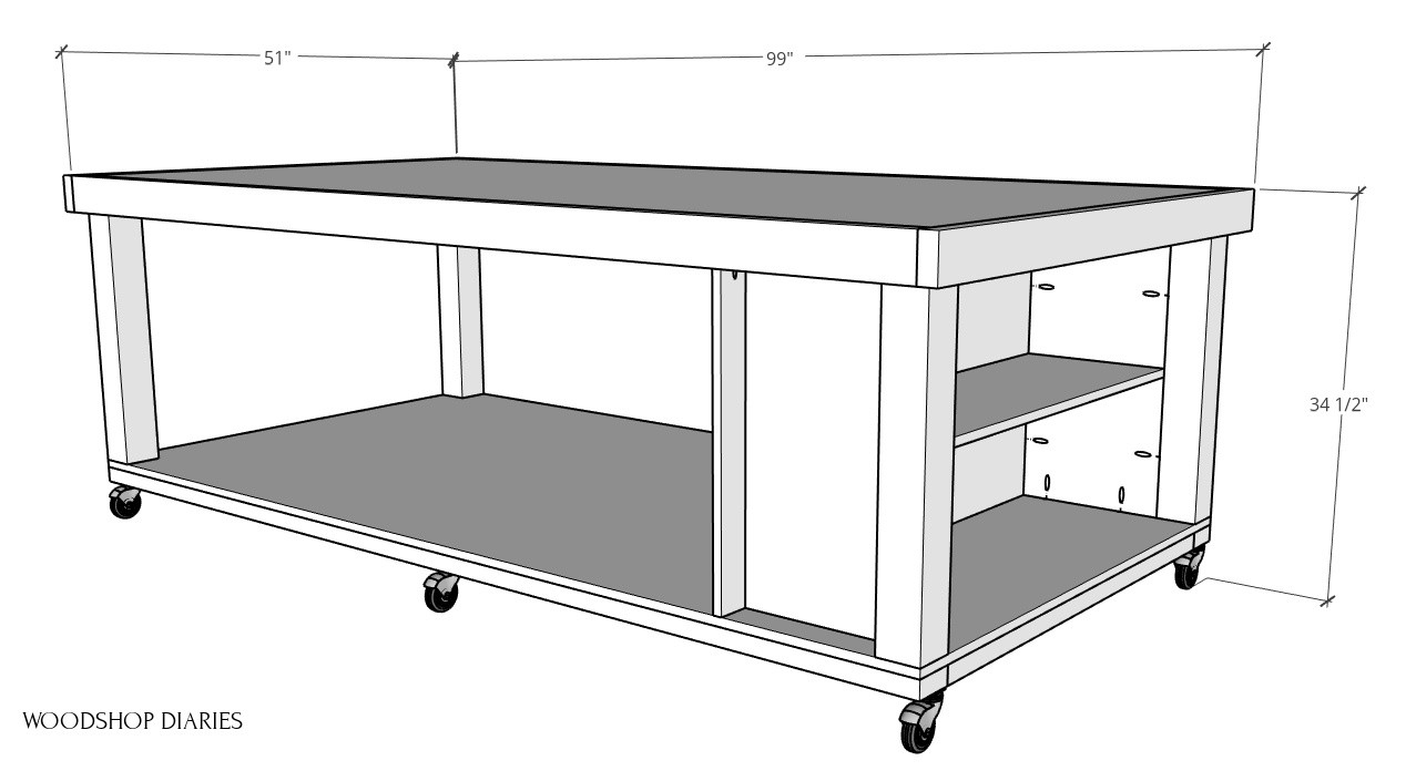 DIY mobile workbench 3D diagram with overall dimensions