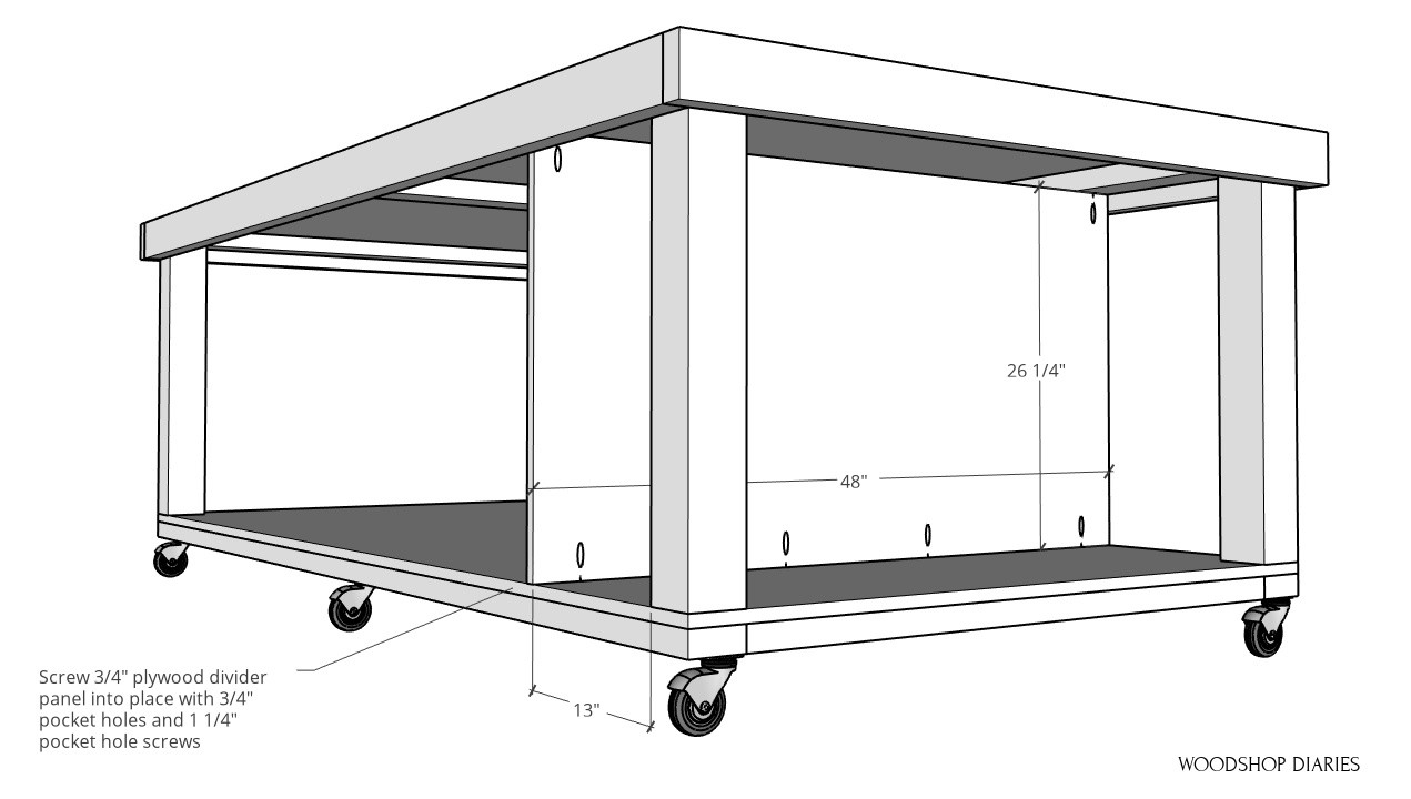 Mobile workbench middle divider panel installed toward one end to add shelving