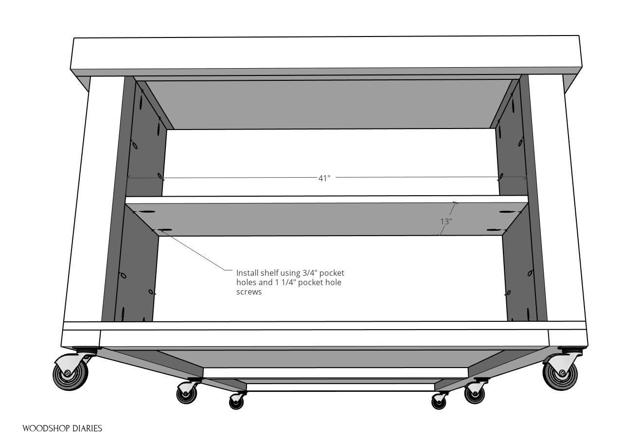 End of mobile workbench shelf installed with pocket hole screws