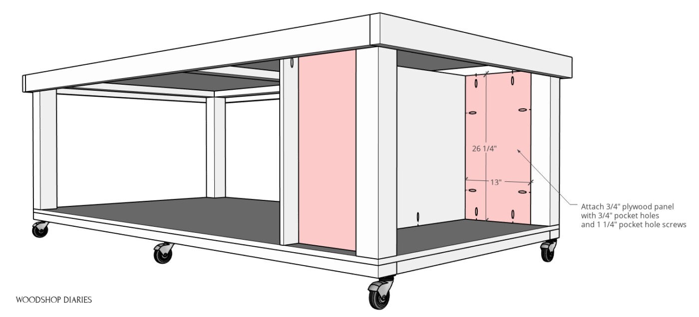 Side panels installed with pocket holes into DIY mobile workbench 3D diagram