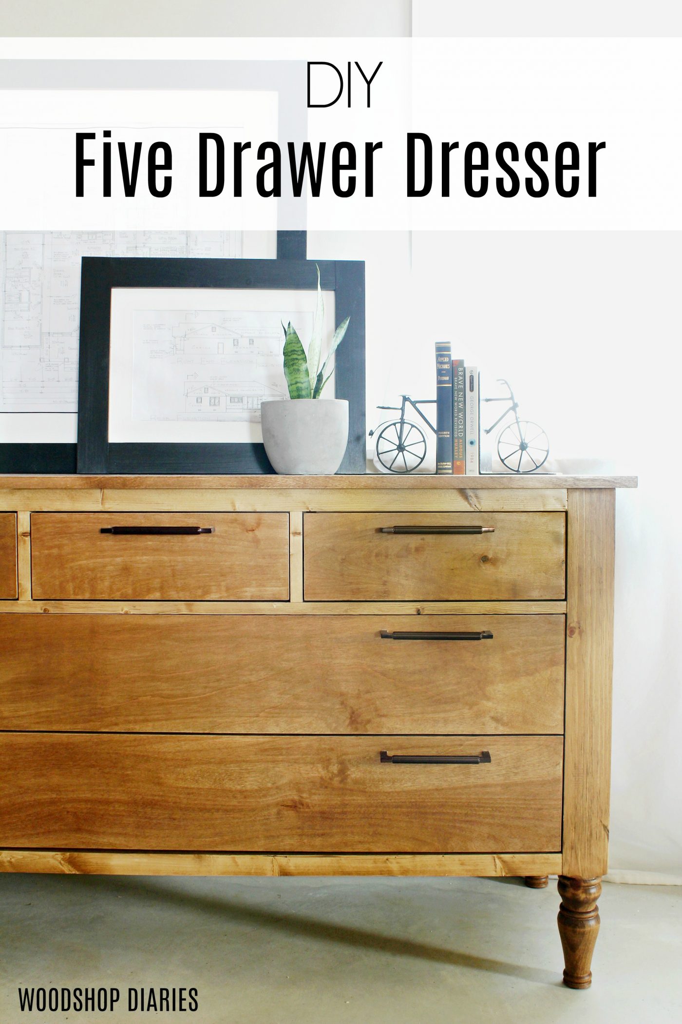 How to Build a DIY Dresser with Five Drawers--Traditional style works well in bedroom or in living or dining room as a console--Free tutorial and video