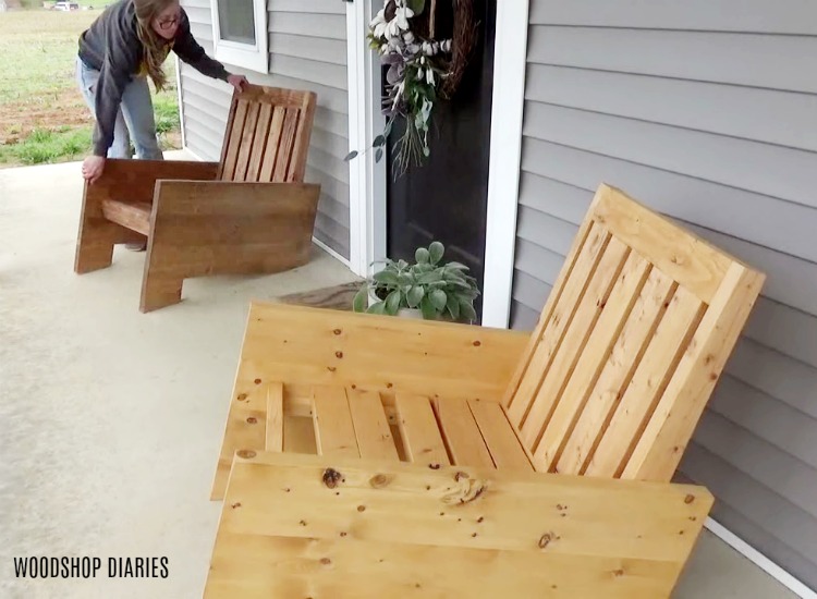 arranging DIY modern outdoor chairs on the porch