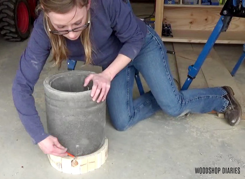 Trace concrete pot onto wooden base