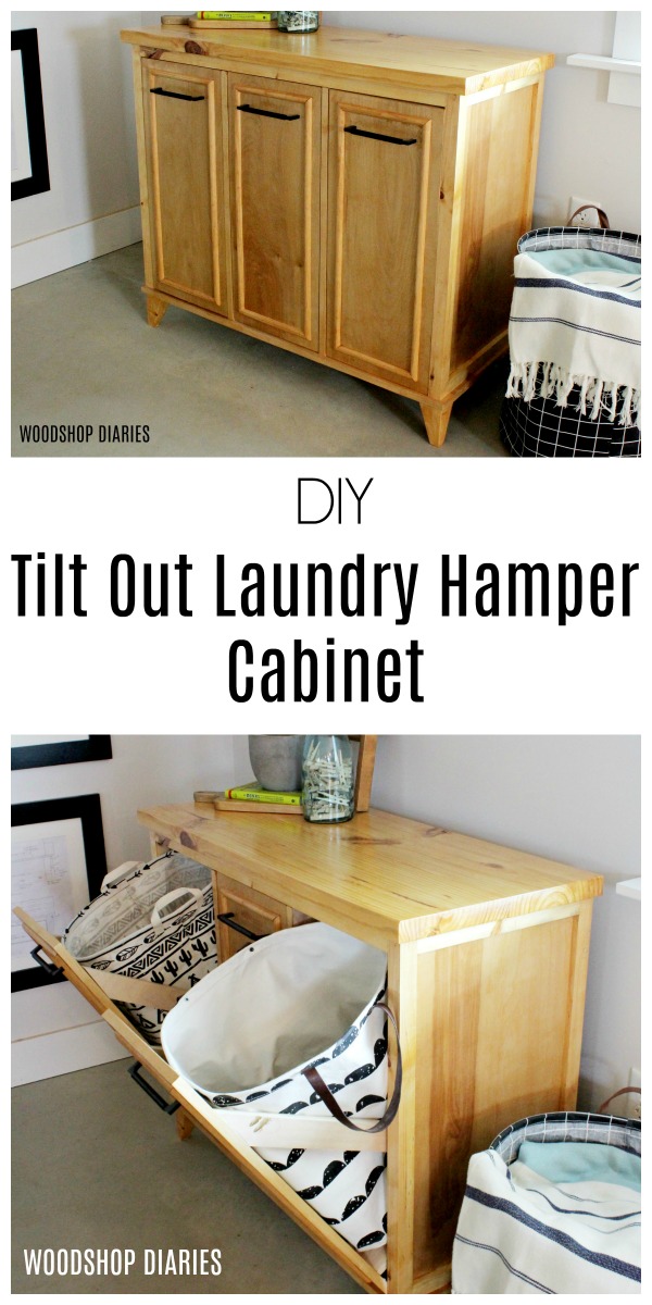 DIY Tilt Out Laundry Hamper Cabinet--Learn how to build your own laundry hamper storage cabinet with these free building plans and video tutorial
