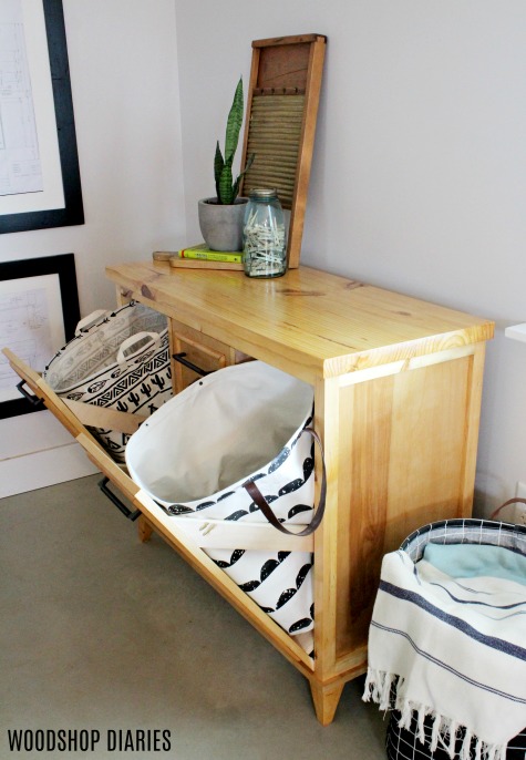 DIY Tilt Out Laundry Hamper Cabinet with Hamper Baskets and tilt out doors open