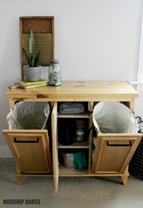 DIY Tilt Out Laundry Hamper Cabinet with Storage and Two Hamper Sections--Free Building Plans and Video Tutorial on Woodshop Diaries