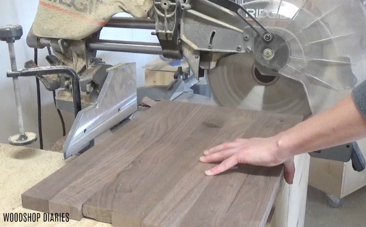 Trimming board edges with miter saw DIY serving Tray with handles