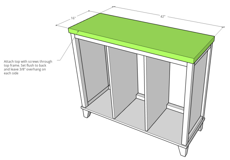 Diagram showing top panel dimensions of tilt out laundry hamper cabinet