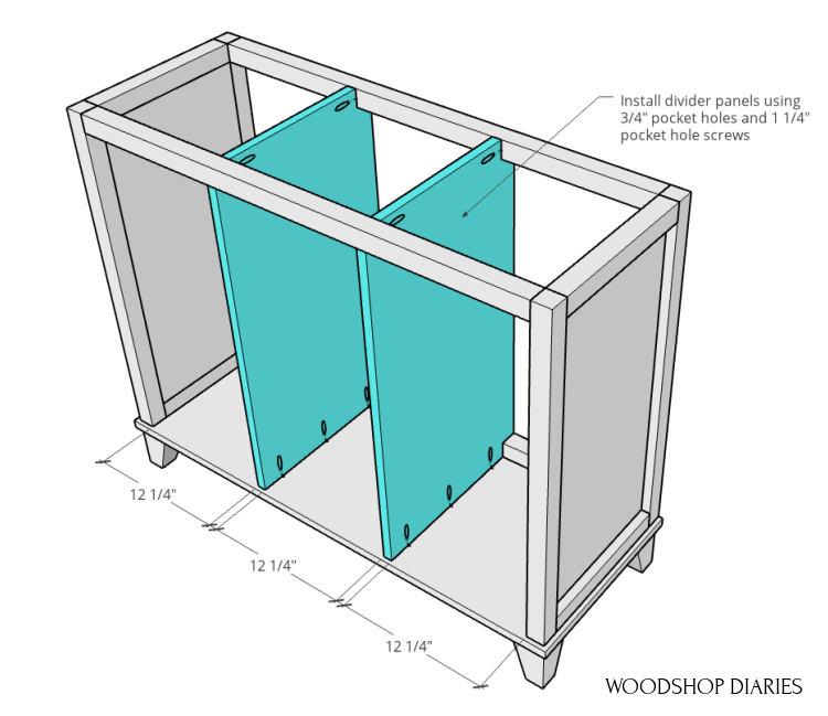 Divider panels installed into tilt out laundry hamper frame