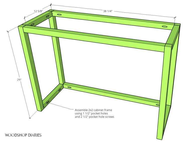 Tilt out laundry hamper cabinet frame assembled with pocket holes and screws