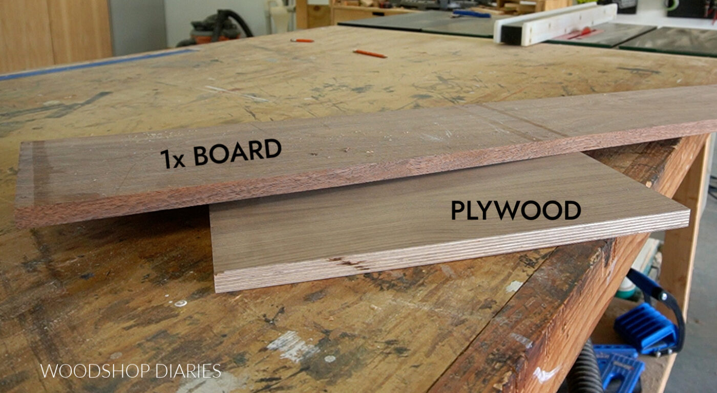 plywood and 1x materials on workbench needed to assemble modern serving tray