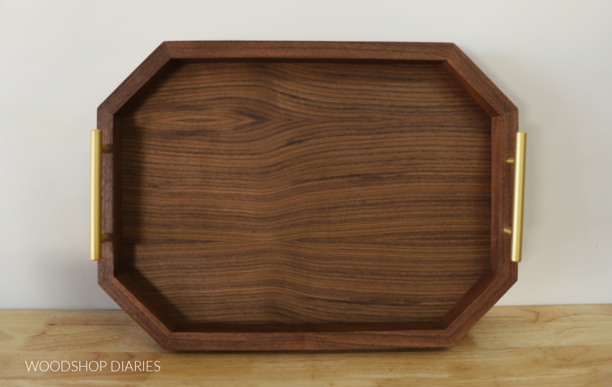 completed walnut serving tray with brass handles