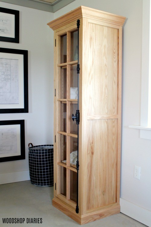 DIY Linen Cabinet with glass door open