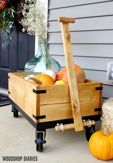 DIY Fall Wooden Wagon with Pumpkins and Mums