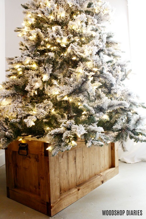 DIY wooden hope chest used as a Christmas tree stand trunk