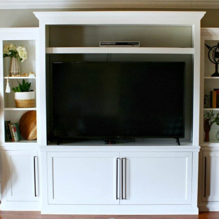 Shara Woodshop Diaries with Large DIY Entertainment center in living room