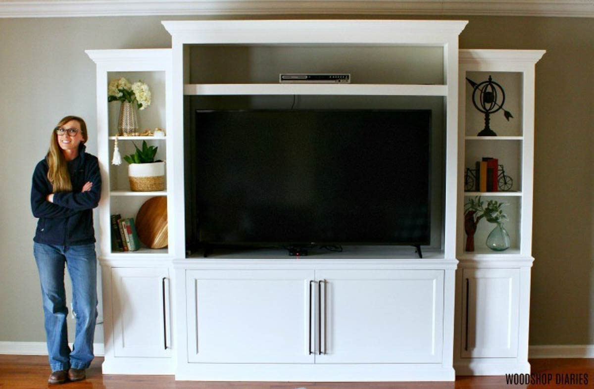 Shara Woodshop Diaries with Large DIY Entertainment center in living room