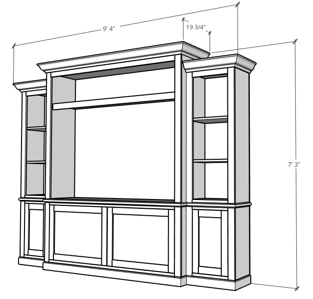 3D Graphic of DIY Entertainment Center overall dimensions