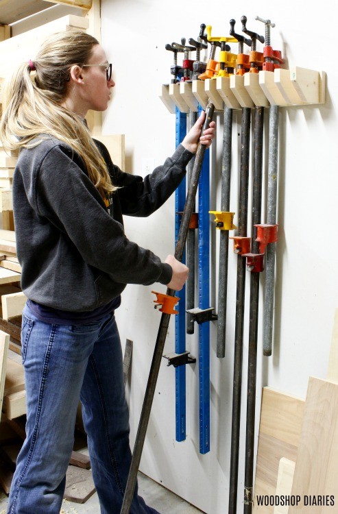 Shara Woodshop Diaries Hanging pipe clamps on rack