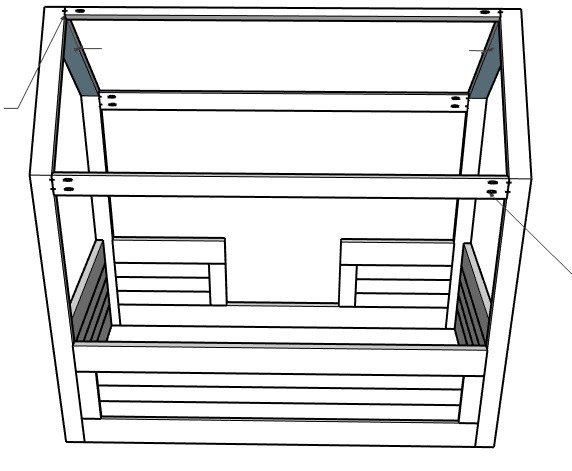 3D diagram of roof stretchers installed into DIY kids house bed