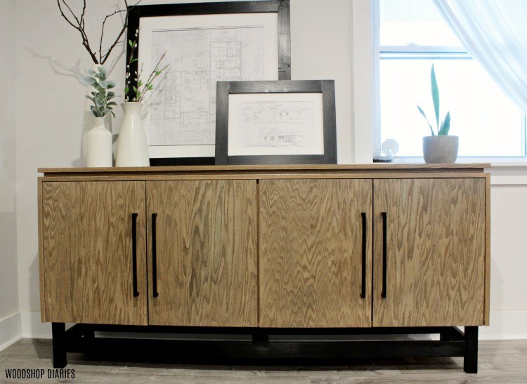 Front View of DIY Modern Console Cabinet with four closed doors