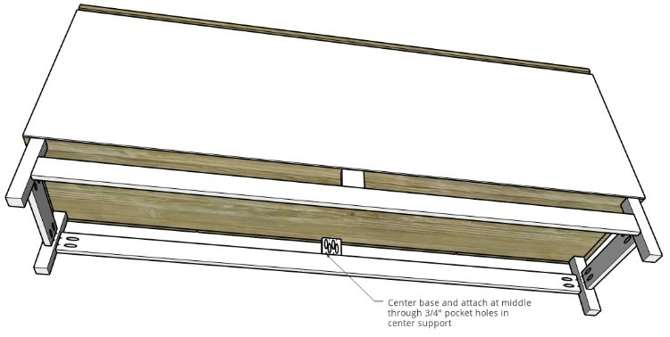 Attaching middle of console base to bottom of cabinet with pocket hole screws