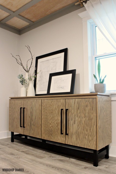 Angled shot of DIY modern console cabinet