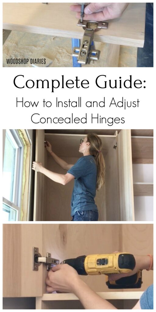Pinterest collage showing images of installing concealed hinges