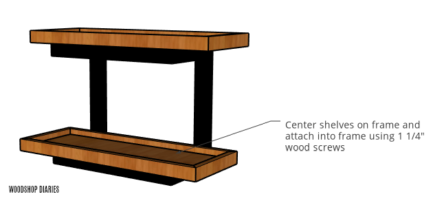 Attach shelf trays to wall shelf frame with wood screws diagram