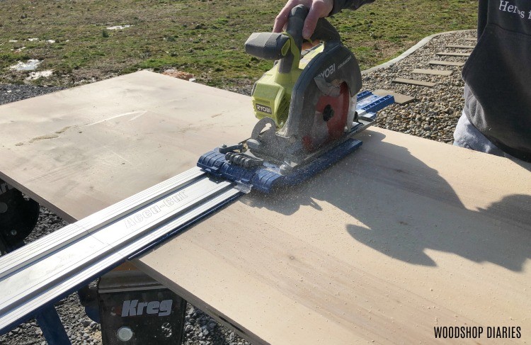 Kreg AccuCut and circular saw used to cut down plywood panels