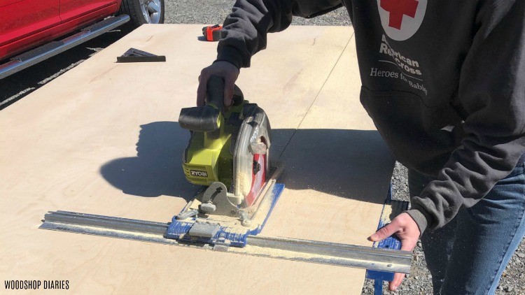 ripping down plywood sheet using Kreg rip cut and circular saw