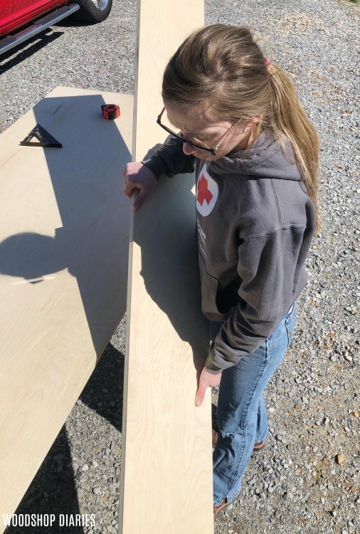 Shara Woodshop Diaries cutting down plywood sheet into strips