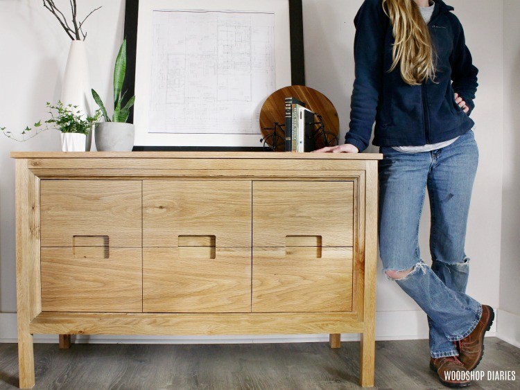 DIY modern dresser console cabinet with notched drawer pulls and trim detail on the front