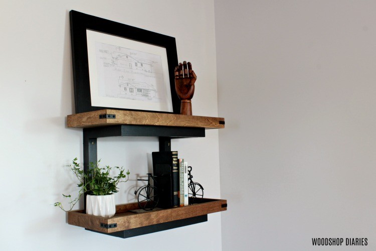 Floating wall shelves from scrap wood with industrial details