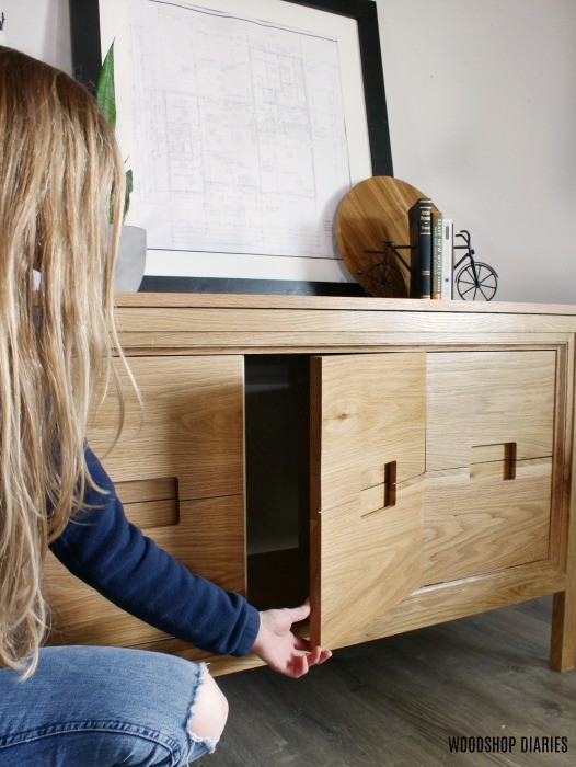 Shara Woodshop Diaries showing off modern white oak vanity for parents master bathroom renovation