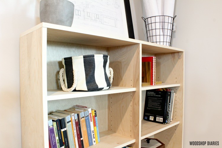 Close up of plywood bookshelf adjustable shelf pins