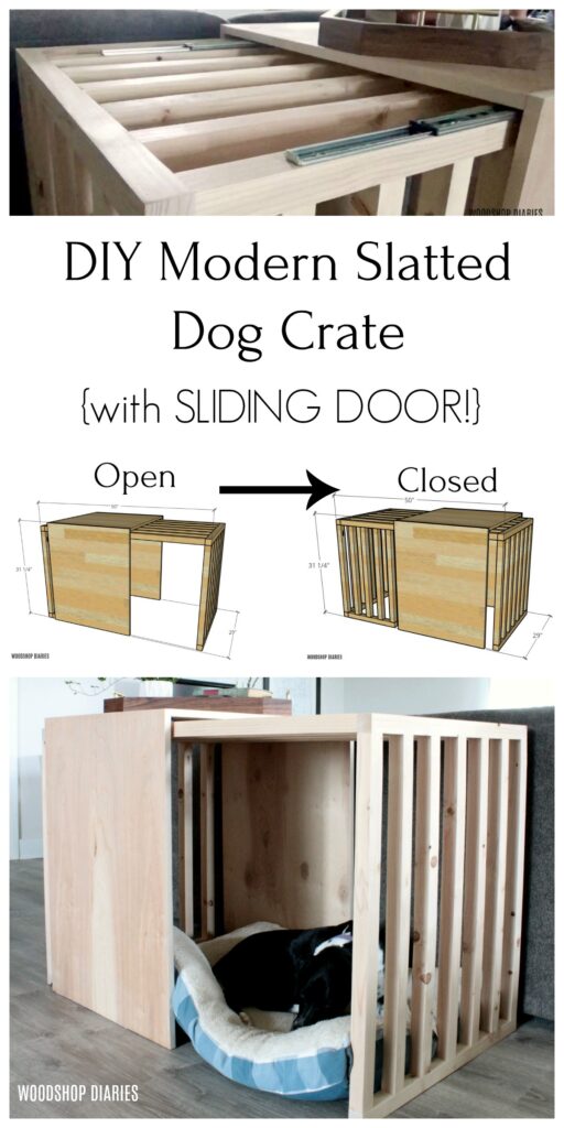 Slatted dog crate with sliding door pinterest collage image